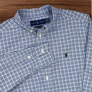 Ralph Lauren Boys Natural Stretch Blue and White Check Pattern Dress Shirt. XL